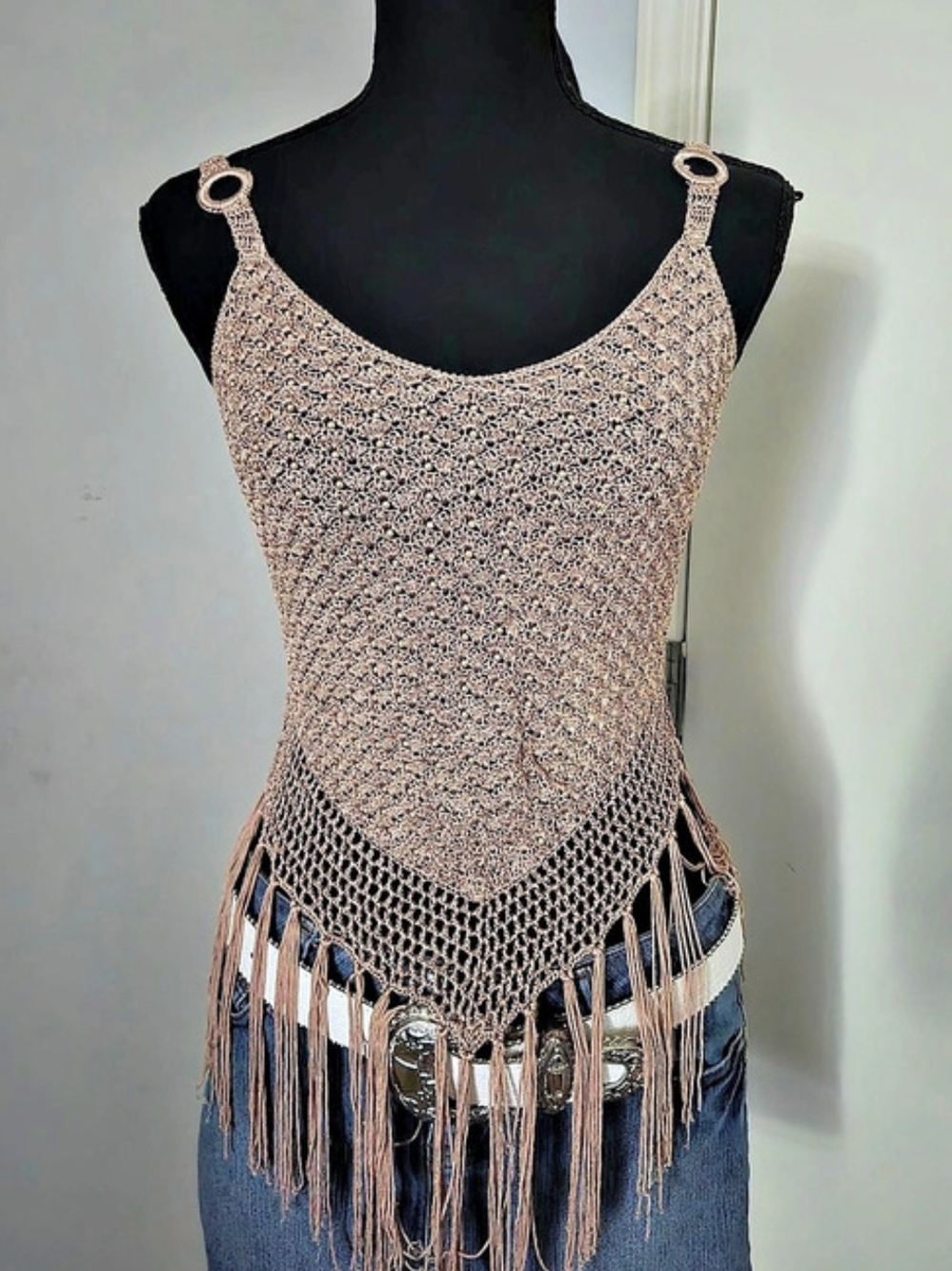 Crochet Fringe Cami in Brown Like New
